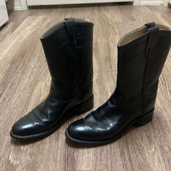 Old West Boots Men's  Black Leather Round Toe Roper Western - Picture 1 of 13
